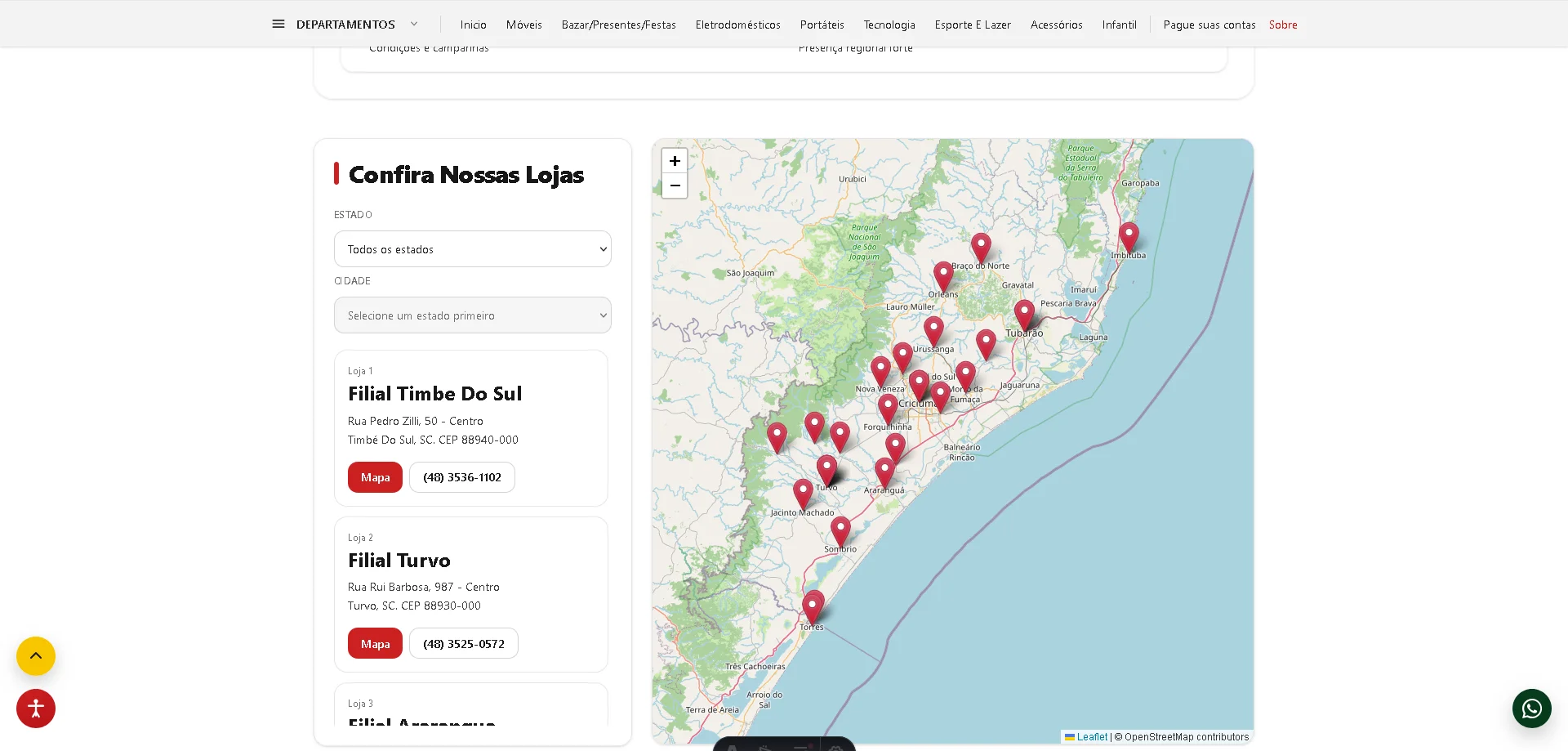 Tela do mapa das Filiais